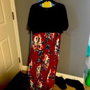 Black top, floral skirt dress